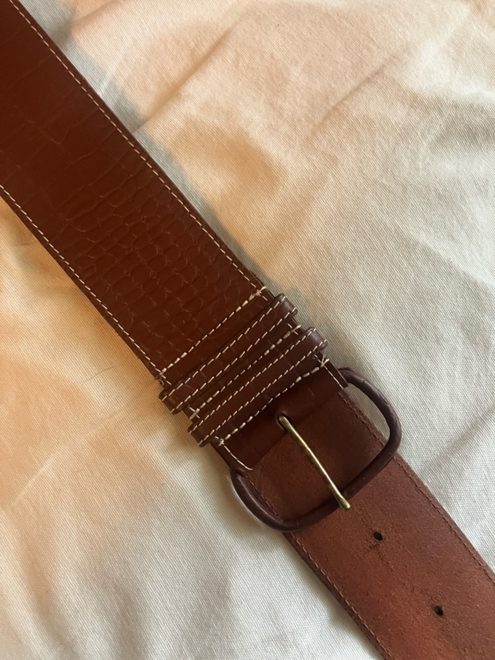 Woman’s Wide Brown, crocodile embossed Leather Belt with Contrast Stitching